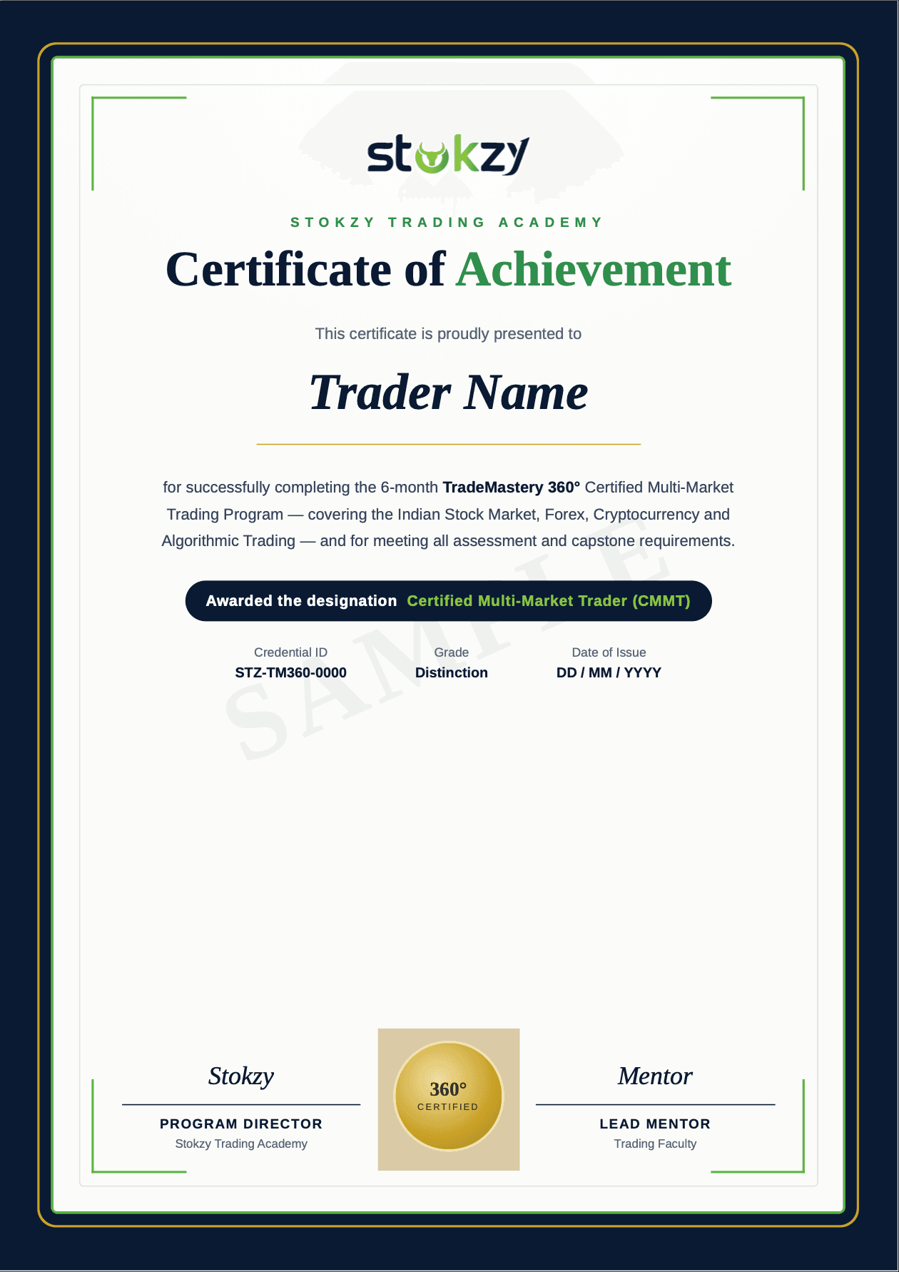 Sample Stokzy Trading Academy Certificate of Achievement — Certified Multi-Market Trader (CMMT)